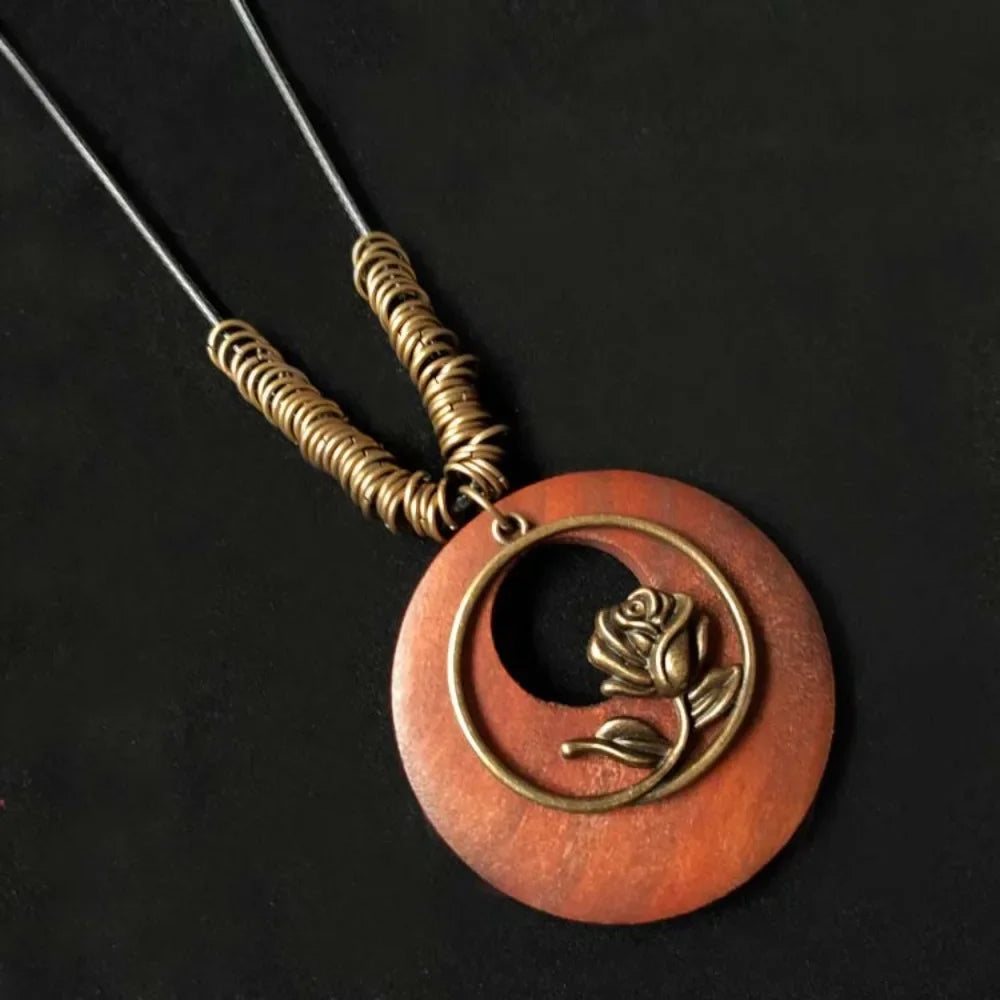 Selection of Retro Wooden Pendant Alloy Chain Necklace