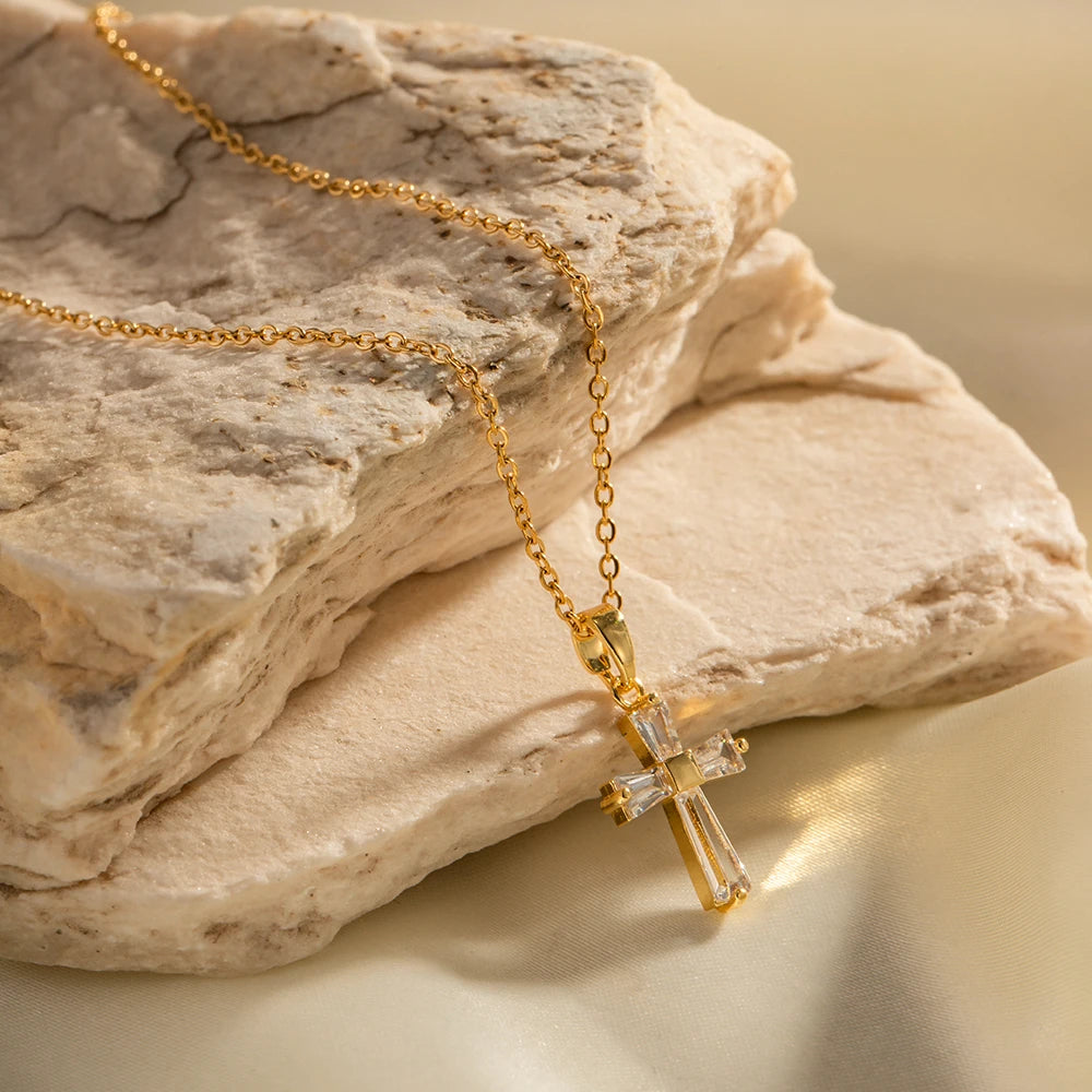 Delicate Square CZ Cross Pendant Necklace – Yellow Gold-Plated Stainless Steel