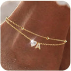 Initial 14K Gold-Plated Stainless-Steel Cubic Zirconia Heart Anklet