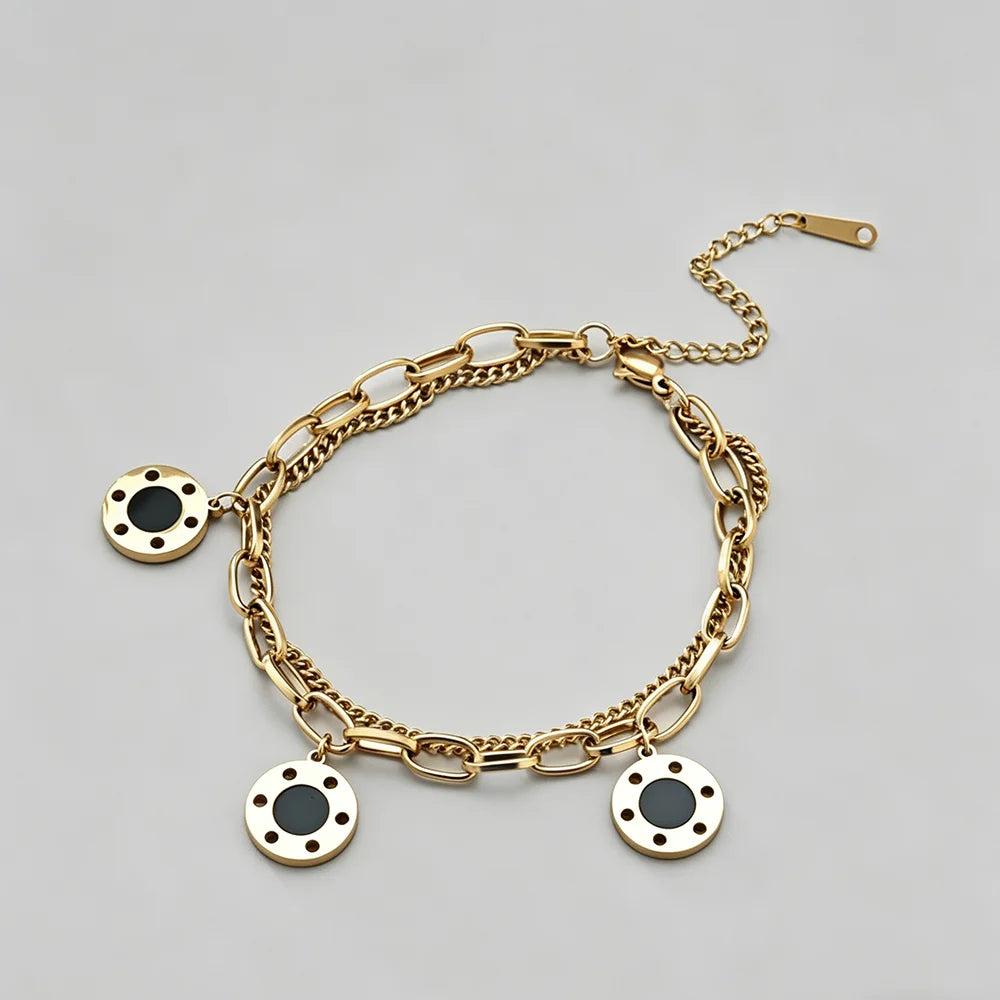 Trendy Chain Link Black Charms Bracelet in Gold Plated Stainless Steel