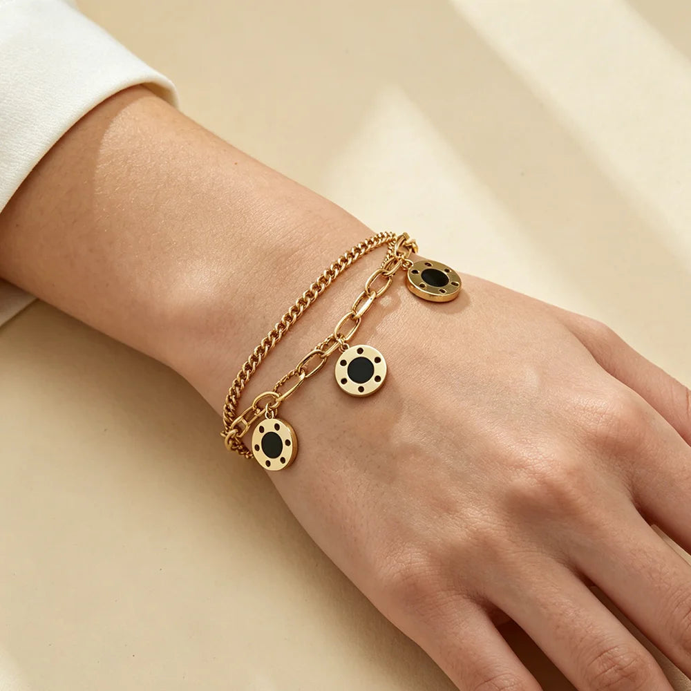 Trendy Chain Link Black Charms Bracelet in Gold Plated Stainless Steel