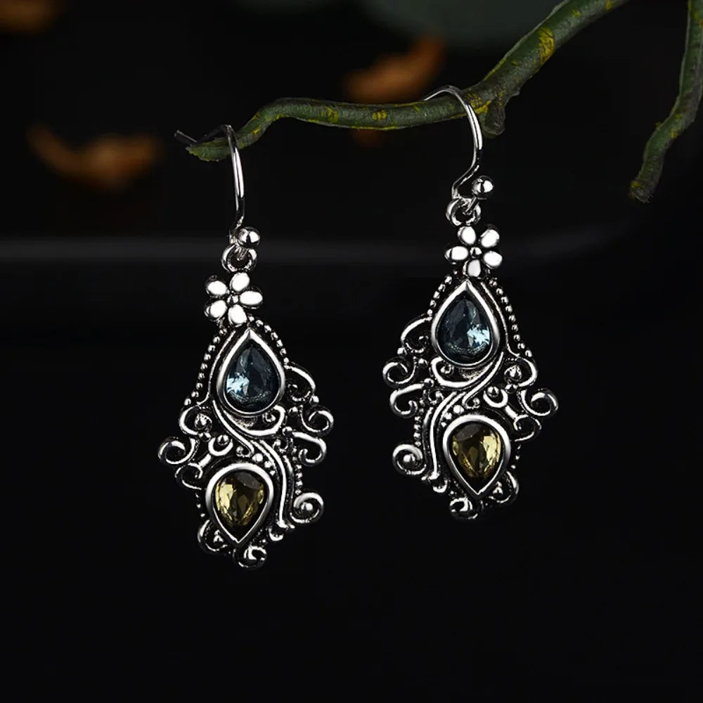 Vintage-Inspired Blue & Brown Topaz Floral Drop Dangle Earrings