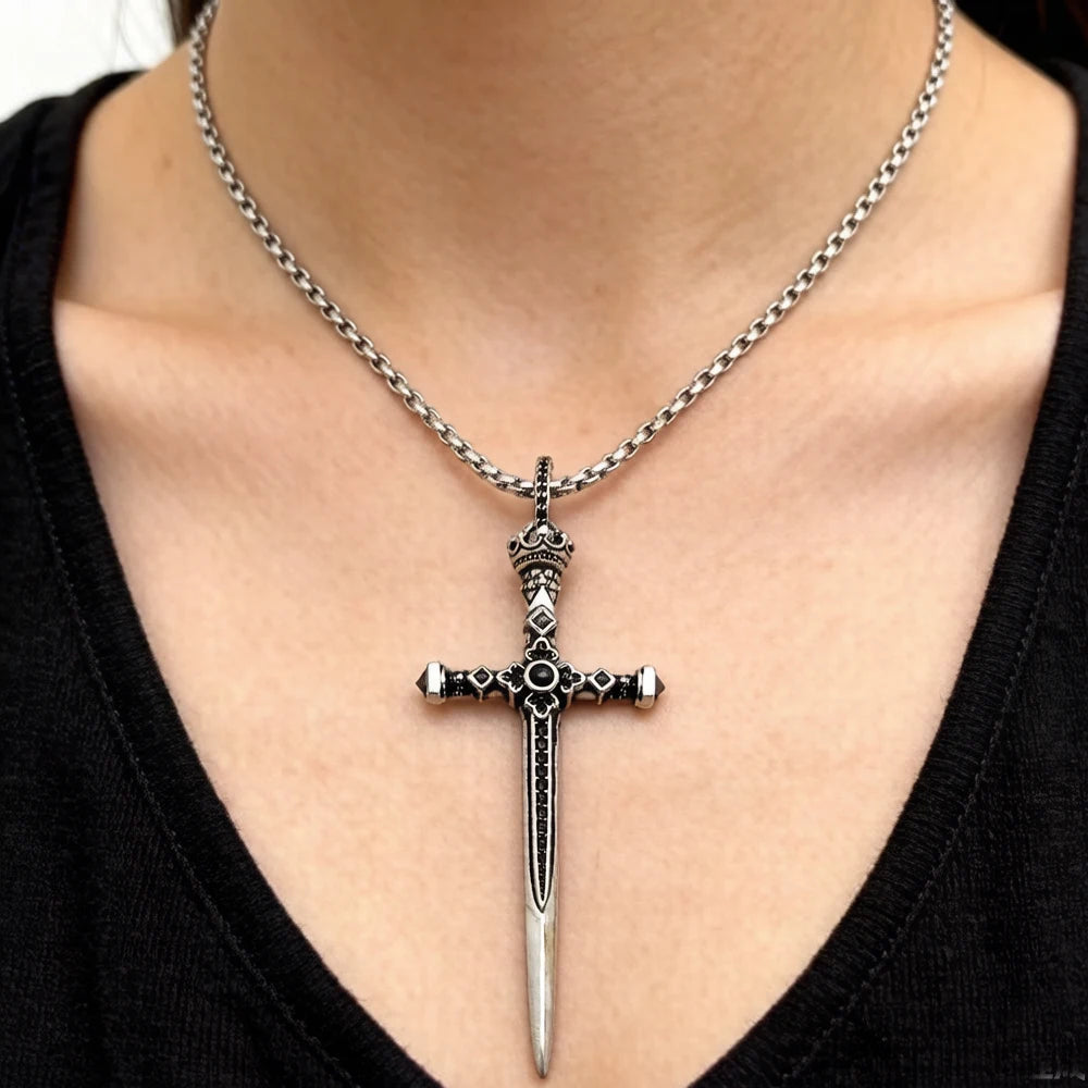 Sword Pendant Link Chain Necklace in 925 Sterling Silver