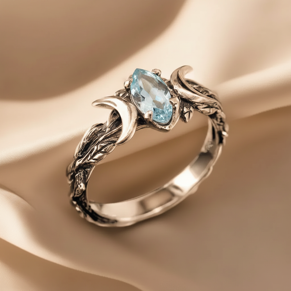 Natural Blue Moonstone Crescent Moon Ring in Stainless Steel