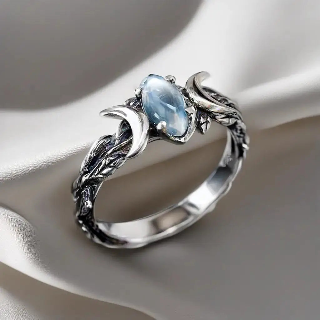 Natural Blue Moonstone Crescent Moon Ring in Stainless Steel