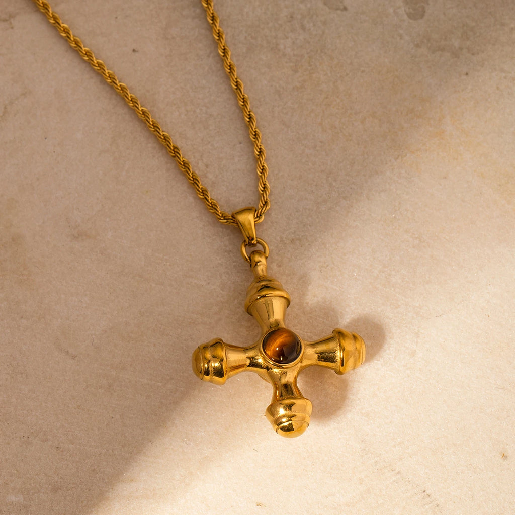 Youthway Fashionable Stainless Steel Natural Stone Cross Dangle Earrings 2023 Anti-allergy Gold Color Daily Jewelry Women