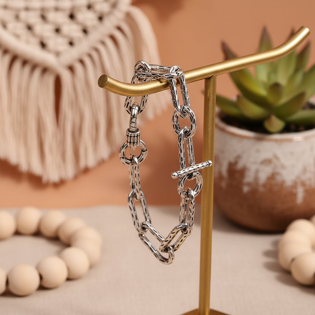 925 Sterling Chunky Silver Chain Link Heart Bracelet