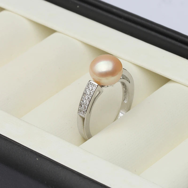Genuine Freshwater Pearl Zircon Adjustable 925 Sterling Silver Ring