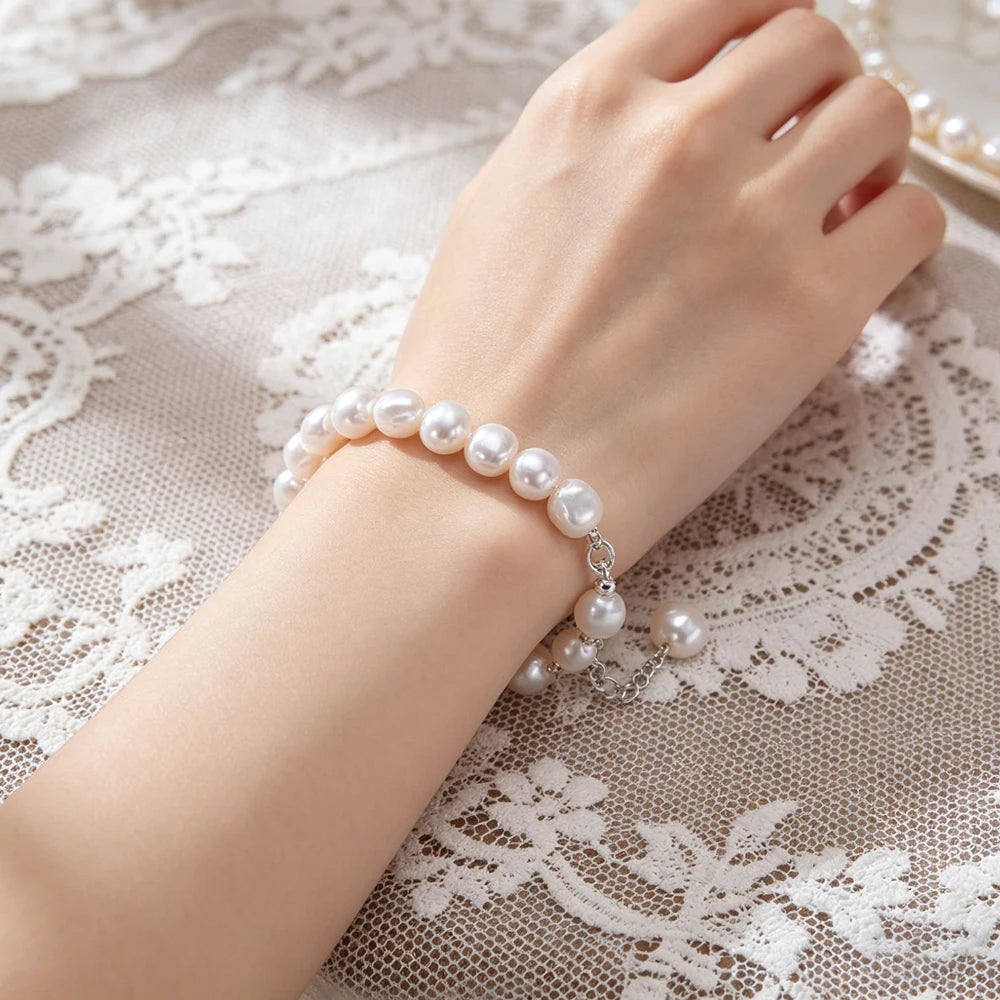 Genuine Freshwater White Pearl Bracelet in 925 Sterling Silver