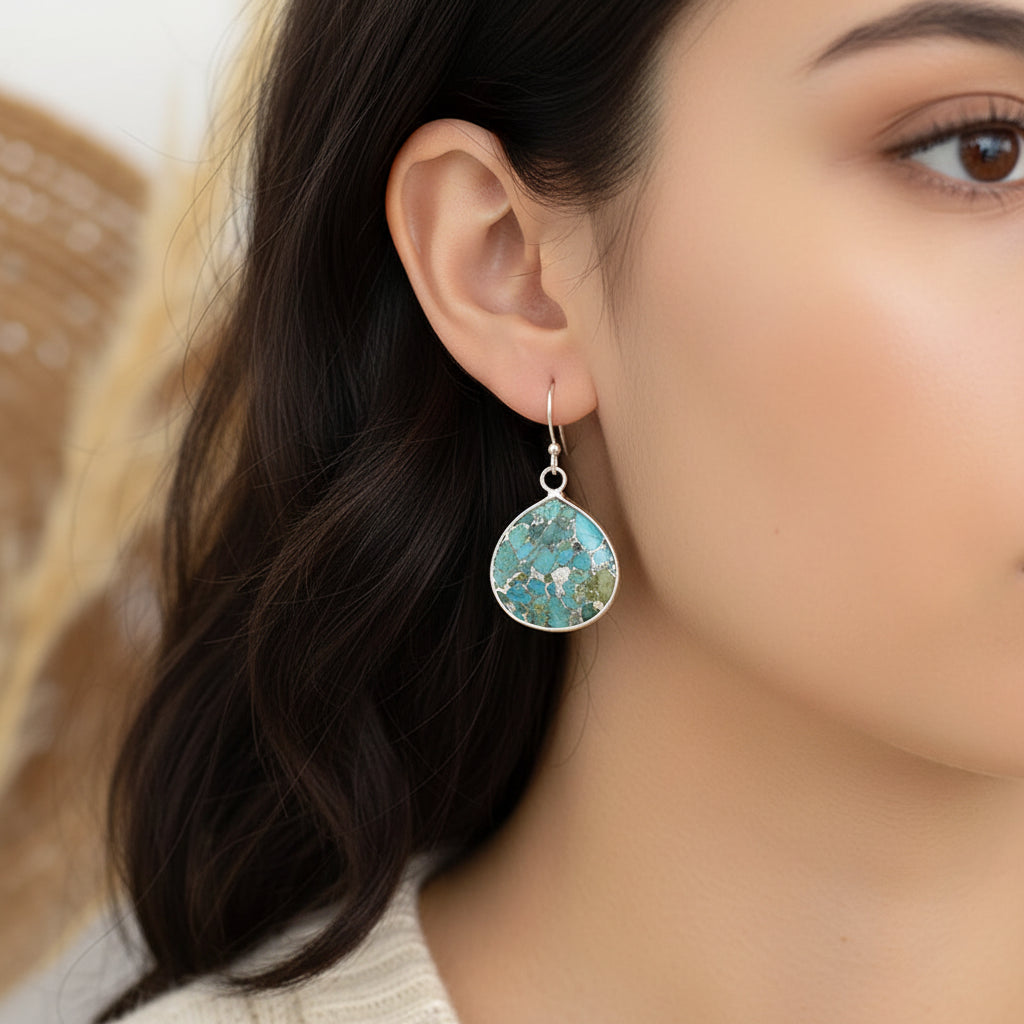 Turquoise Blue Marbled Stone Copper Drop Earrings