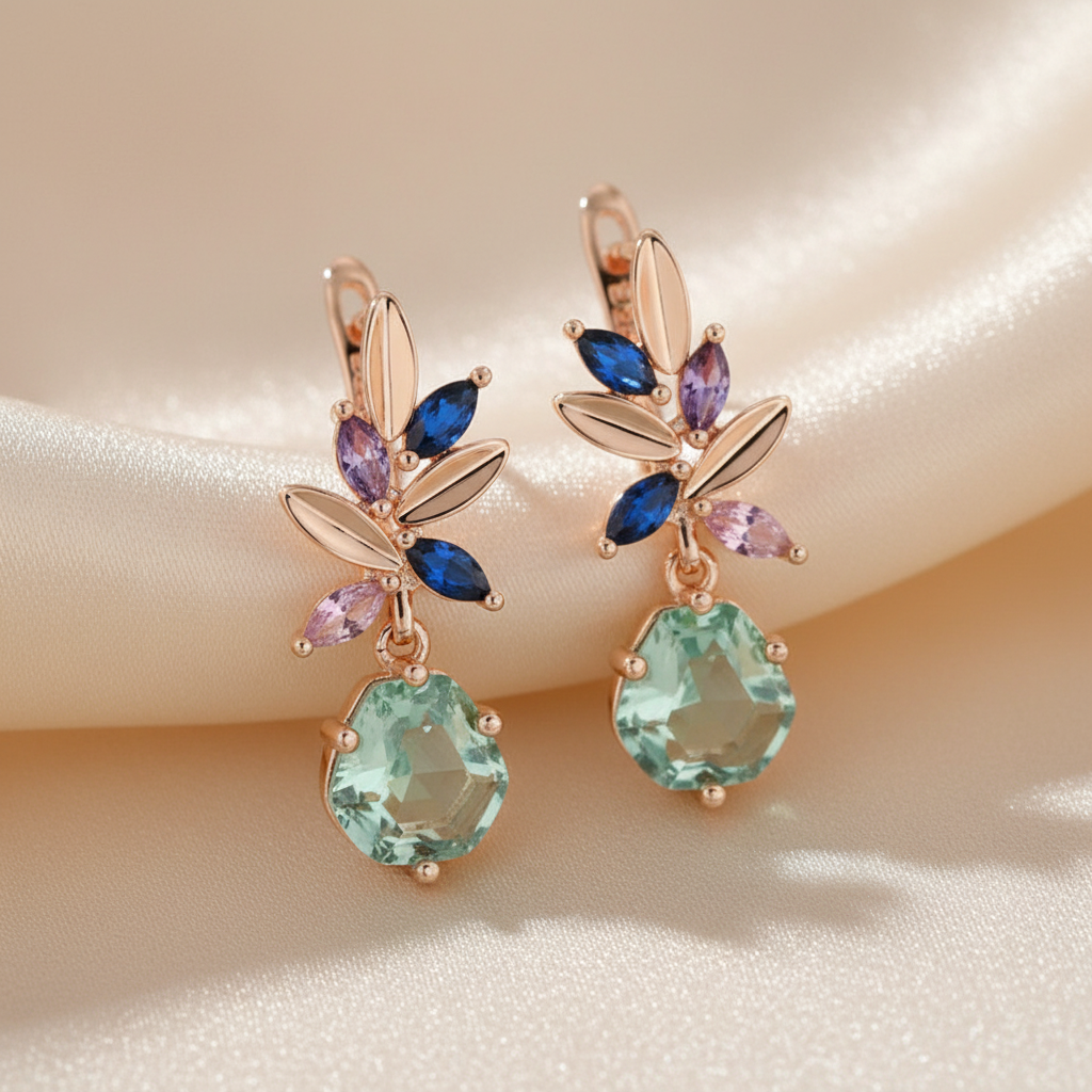 14K Rose Gold Plated Copper Floral Earrings with Natural Green Zircon