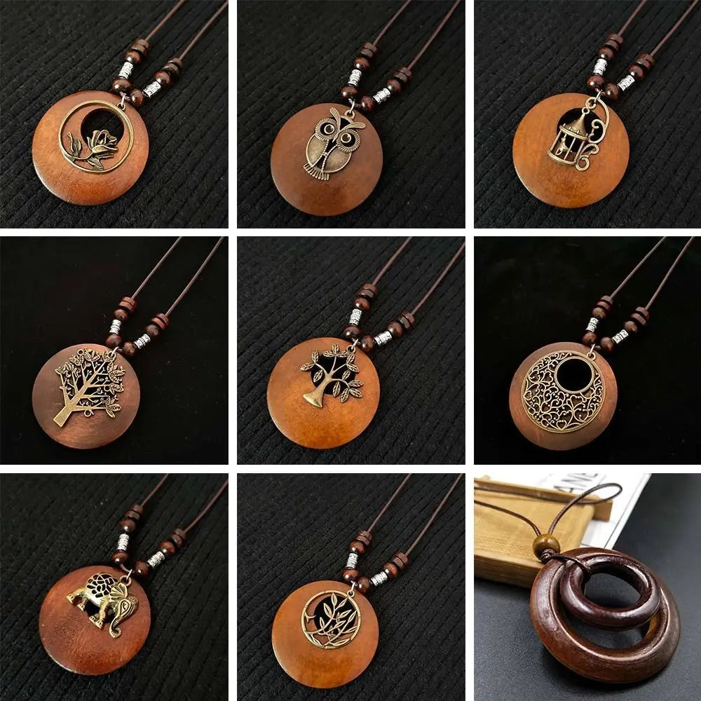 Selection of Retro Wooden Pendant Alloy Chain Necklace