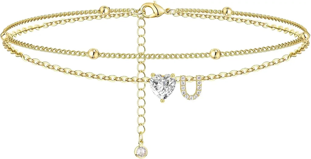 Initial 14K Gold-Plated Stainless-Steel Cubic Zirconia Heart Anklet