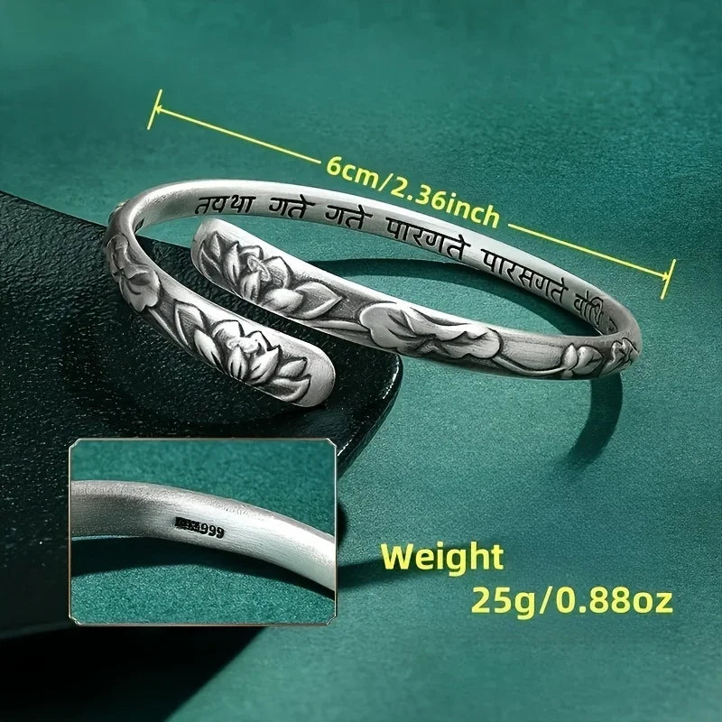 Thai Silver Lotus Flower Cuff Bracelet with Symbols