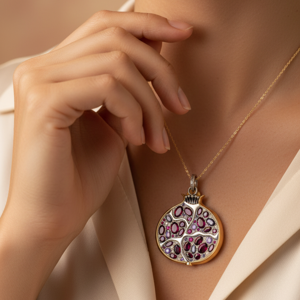 Large Pomegranate Pendant with Zircons in 925 Sterling Silver