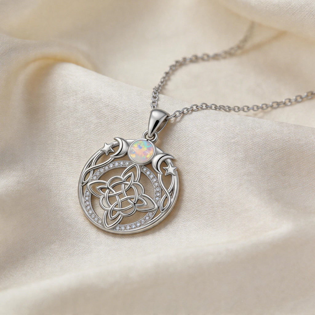 Triple Moon Goddess Opal Witch Knot Necklace
