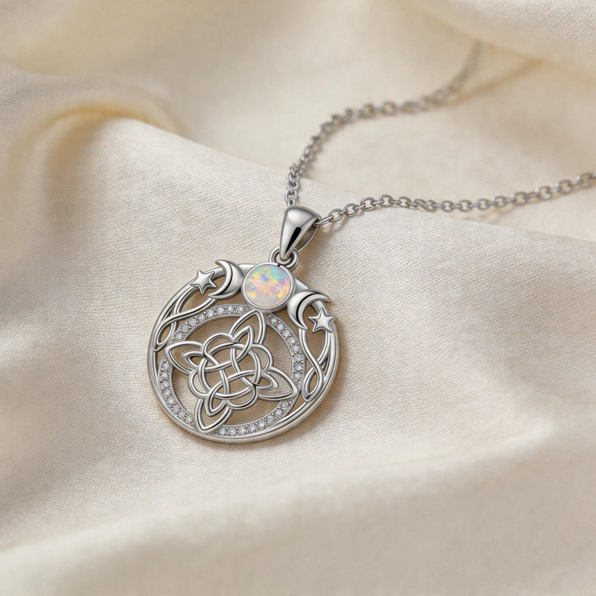Triple Moon Goddess Opal Witch Knot Necklace