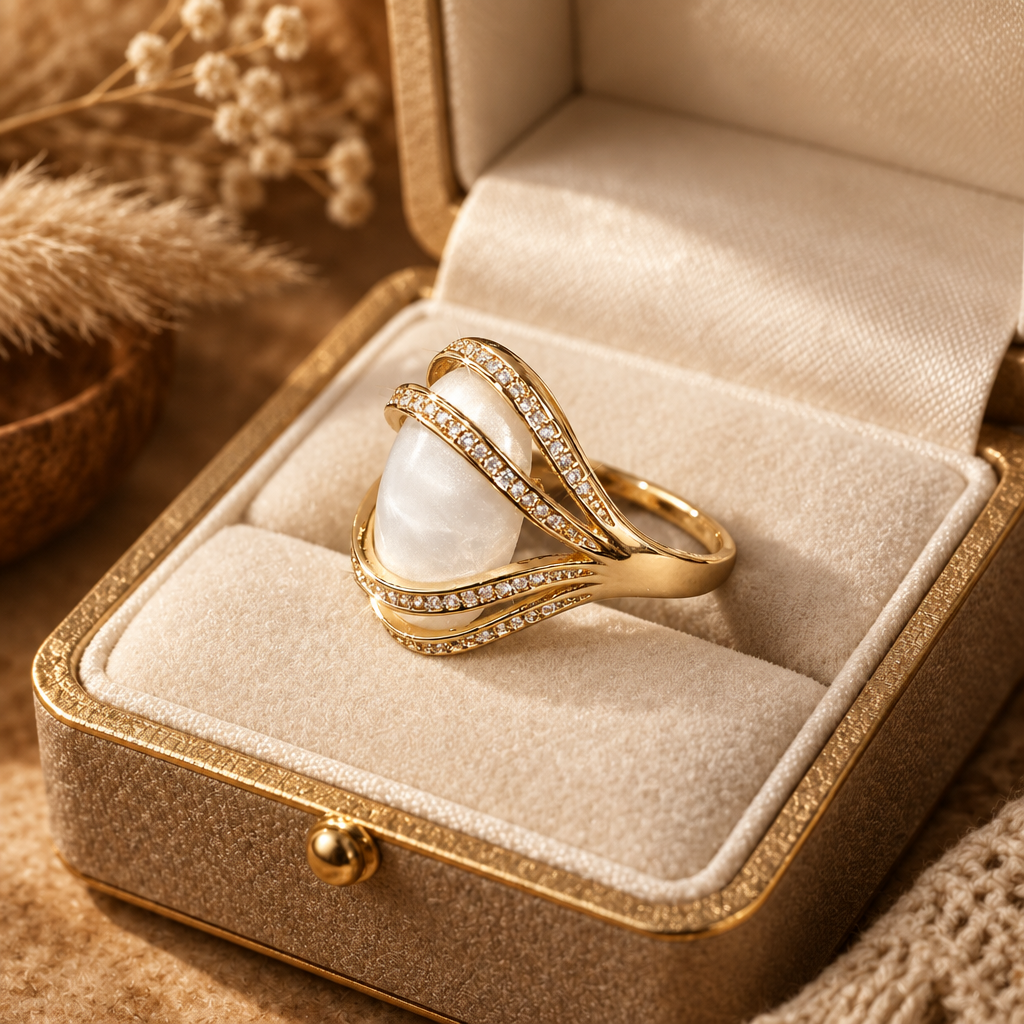 Bold Statement Brass Ring with Large White Faux Pearl & Zircon