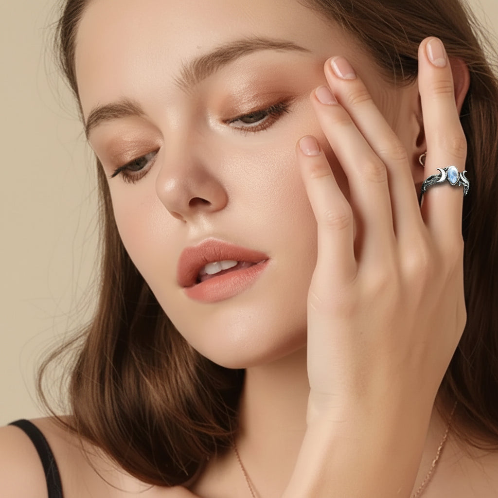 Natural Blue Moonstone Crescent Moon Ring in Stainless Steel