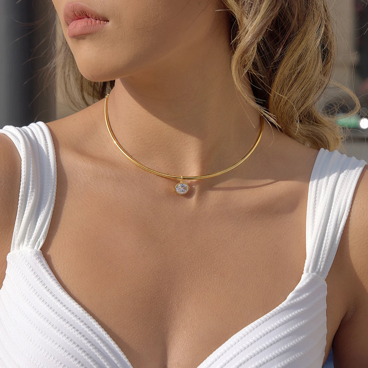 18K Gold PVD-Plated Stainless Steel Necklace – Geometric Zircon Pendant