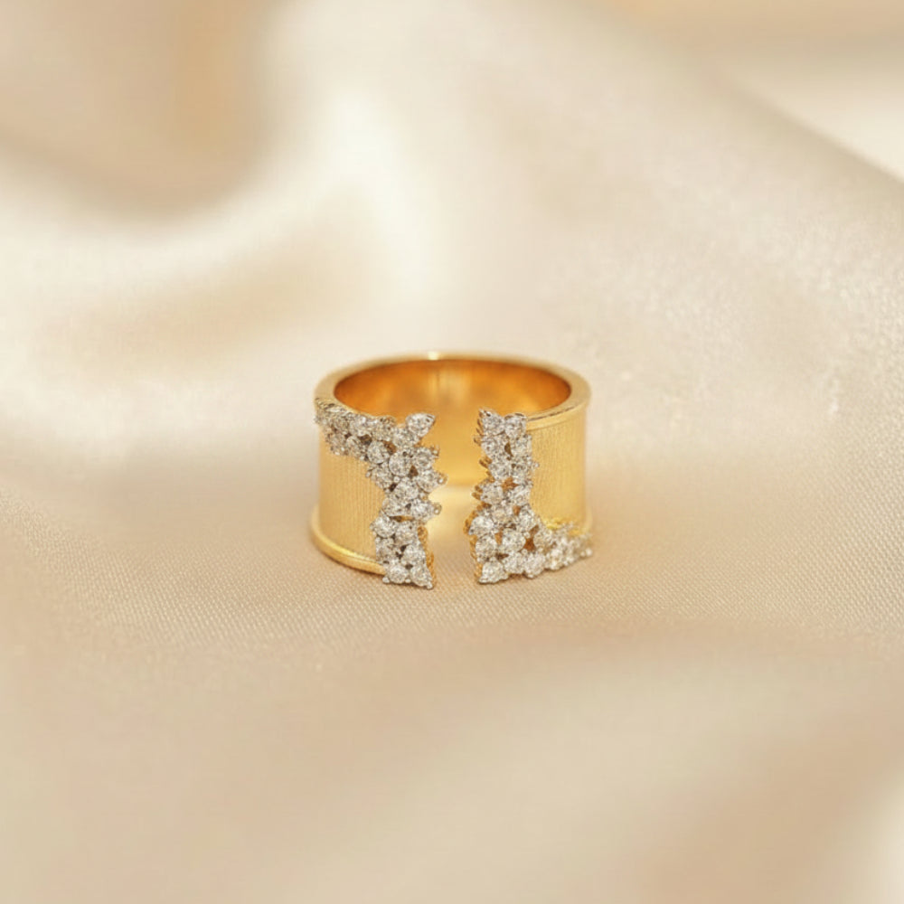 Cubic Zirconia Stones Wide Band Gold Plated Copper Ring with Wiredrawing Effect - Bold, Luxurious, Statement