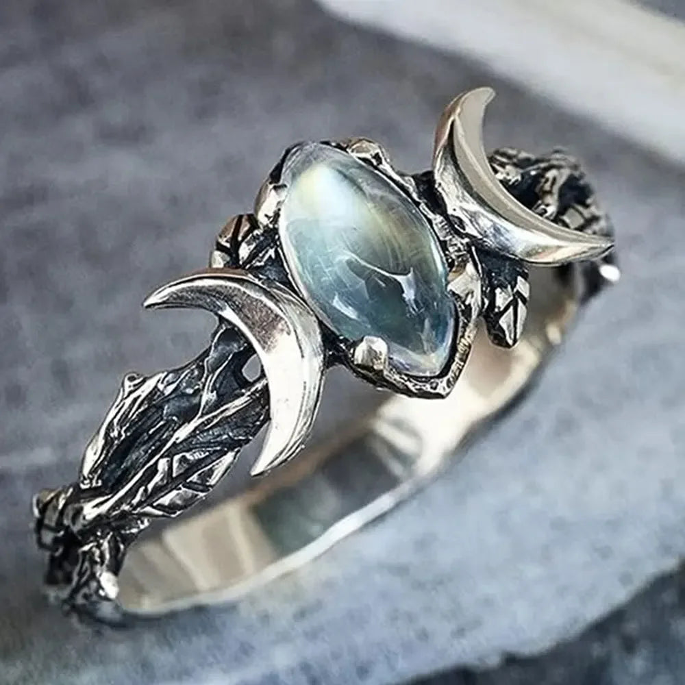 Natural Blue Moonstone Crescent Moon Ring in Stainless Steel