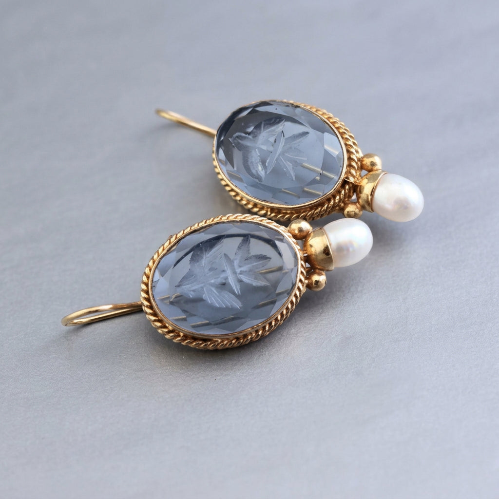 Retro Geometric Crystal Drop Earrings – Green & Blue Gems with Faux Pearls in Copper