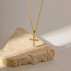 Delicate Square CZ Cross Pendant Necklace – Yellow Gold-Plated Stainless Steel