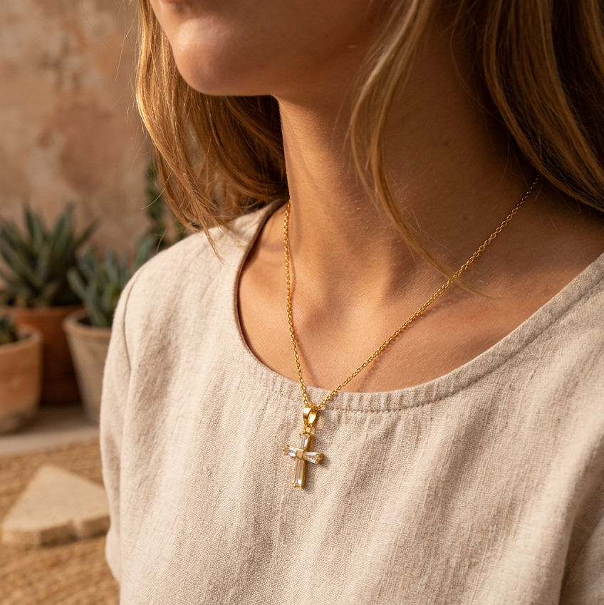 Delicate Square CZ Cross Pendant Necklace – Yellow Gold-Plated Stainless Steel