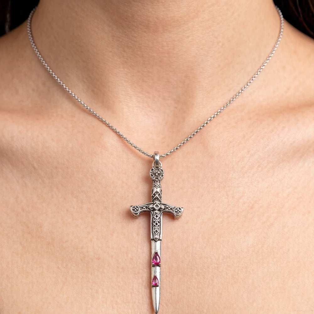 Sword Pendant Link Chain Necklace in 925 Sterling Silver