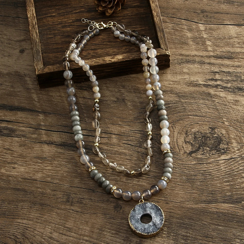 Boho Natural Stone Beads Necklace with Zircon Pendant