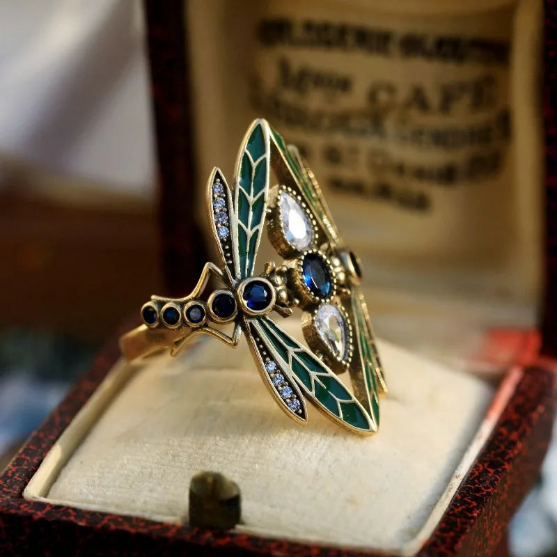 Vintage Dragonfly Ring with Multicolor CZ Crystal Accents