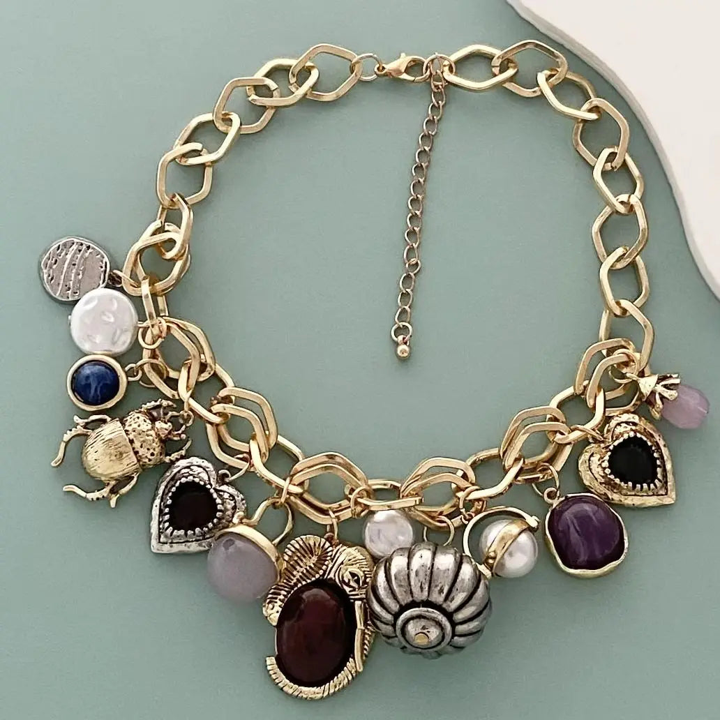 Retro-Inspired Multi-Pendant Choker Necklace & Earrings Set – Gold or Silver