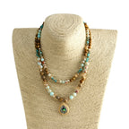 Boho Natural Stone Beads Necklace with Zircon Pendant