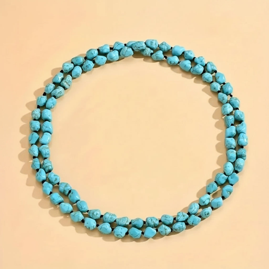 Boho Long Knotted Natural Turquoise Beads Necklace