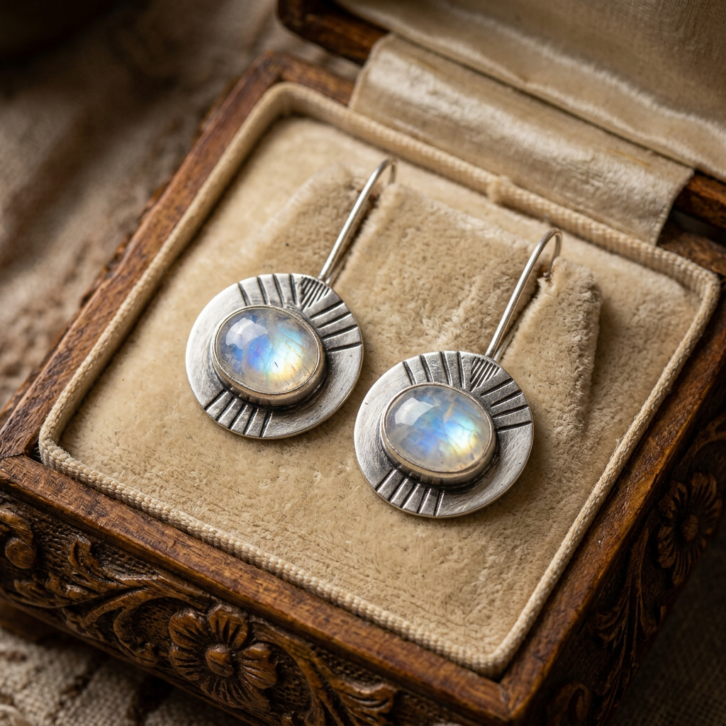Vintage Moonstone Statement Earrings – Large Round White Stone Boho Design
