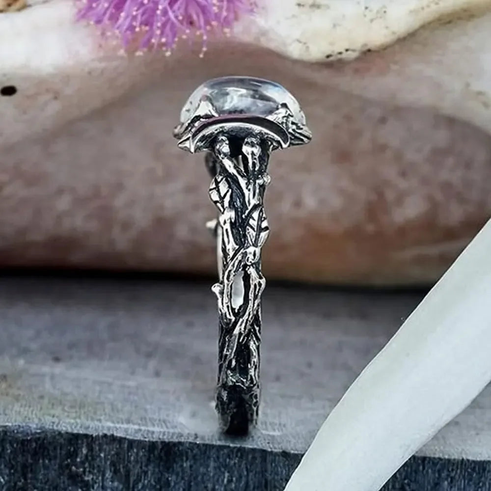Natural Blue Moonstone Crescent Moon Ring in Stainless Steel