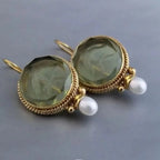 Retro Geometric Crystal Drop Earrings – Green & Blue Gems with Faux Pearls in Copper