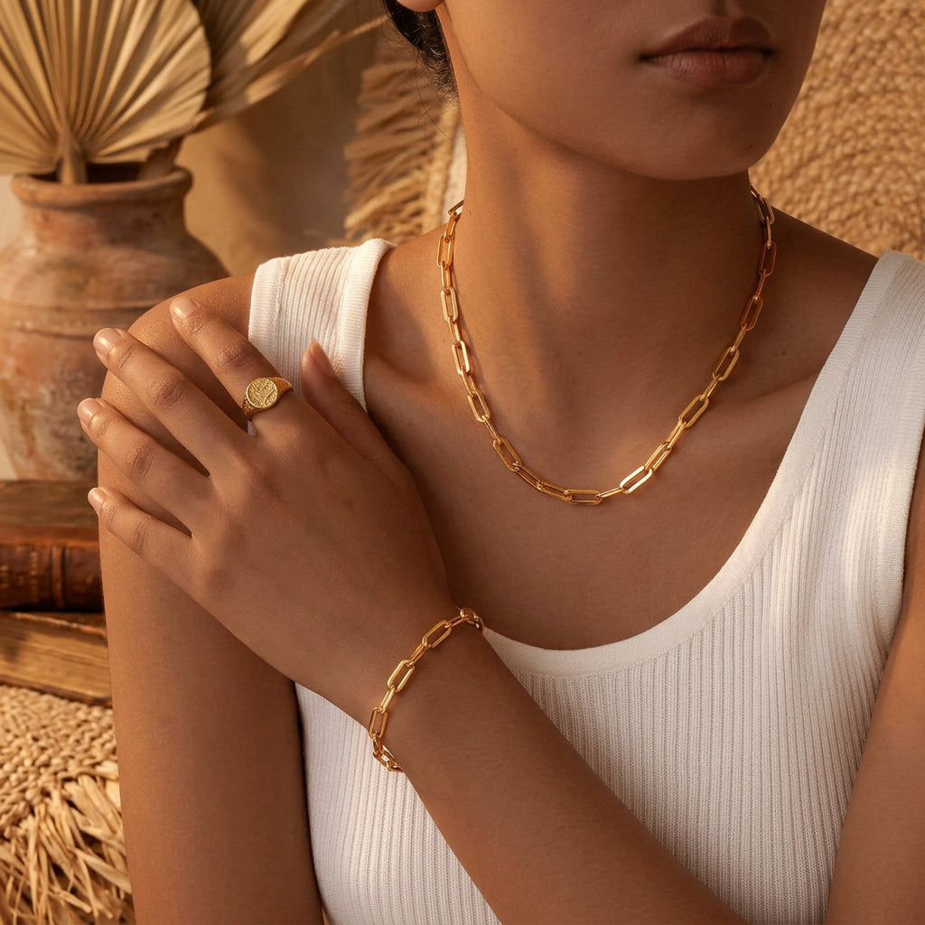 Minimalist Gold-Tone Chain Necklace & Bracelet in Stainless Steel