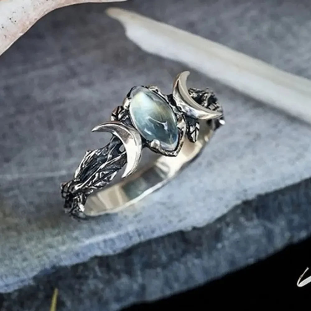 Natural Blue Moonstone Crescent Moon Ring in Stainless Steel