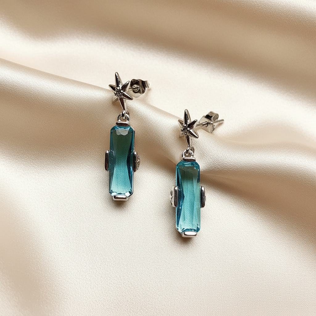 Lucky Blue Star Ear Stud Earrings in 925 Sterling Silver with Zircon Stones