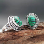 Large Oval Malachite Statement Ring – Silver-Plated Copper Bold Vintage Style
