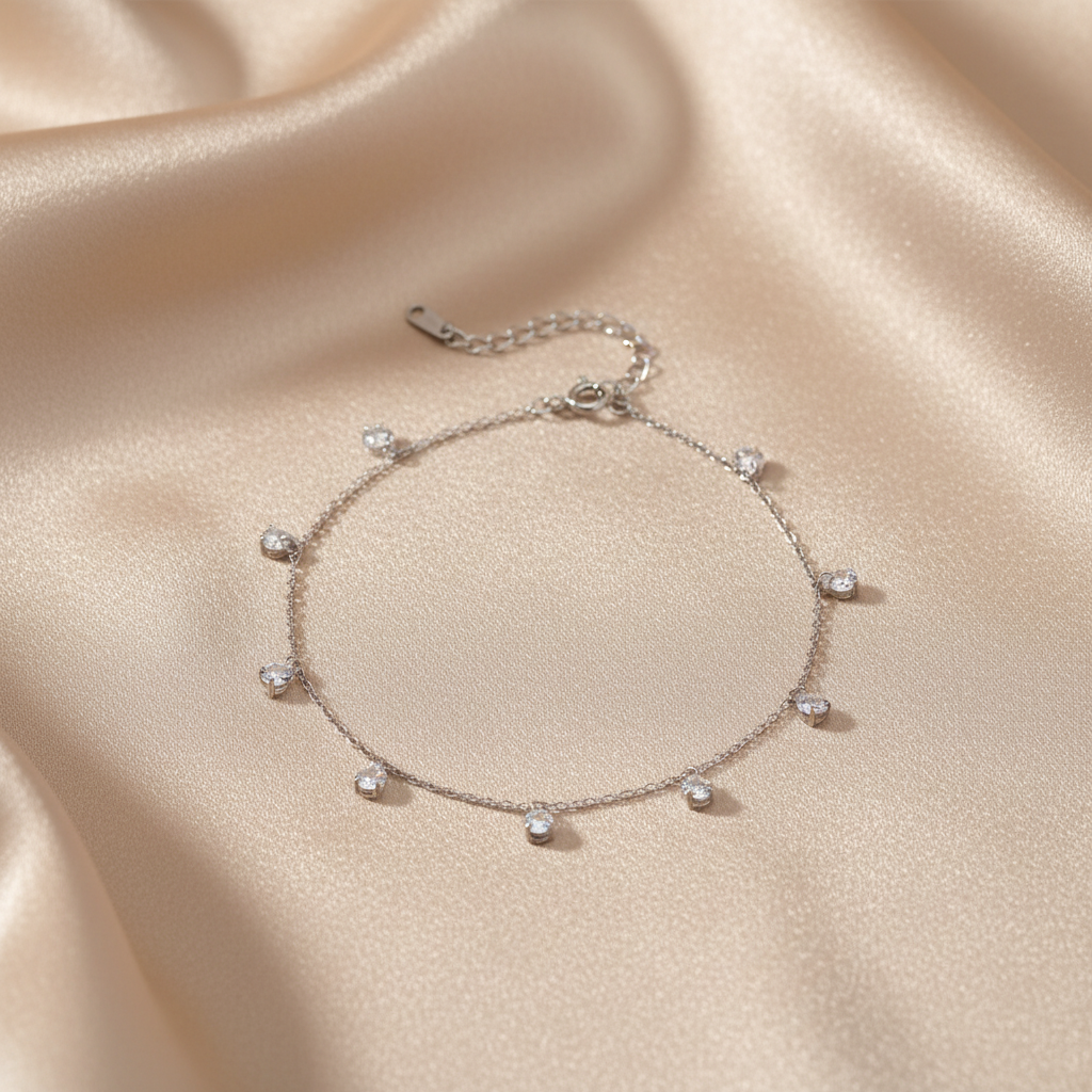 White Gold Plated 925 Sterling Silver Zircon Anklet - Sweet, Precious