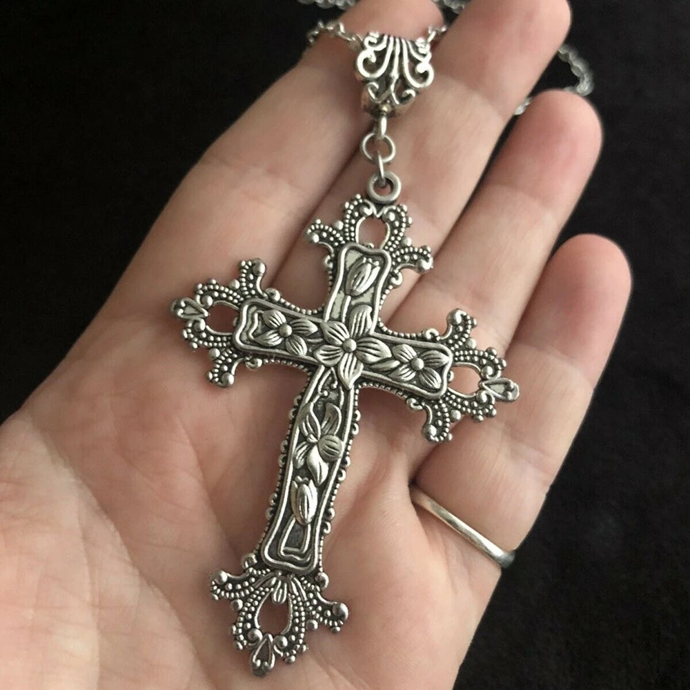 Large Gothic Victorian Flower Detailed Cross Zinc Alloy Necklace