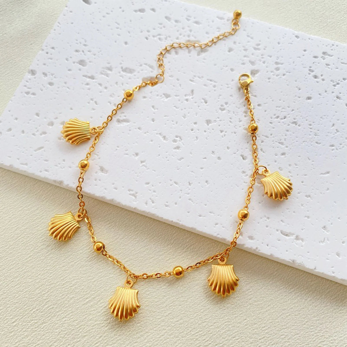 Gold Tone Stainless Steel Summer Ocean Theme Anklet - Dolphins, Starfish, Shell