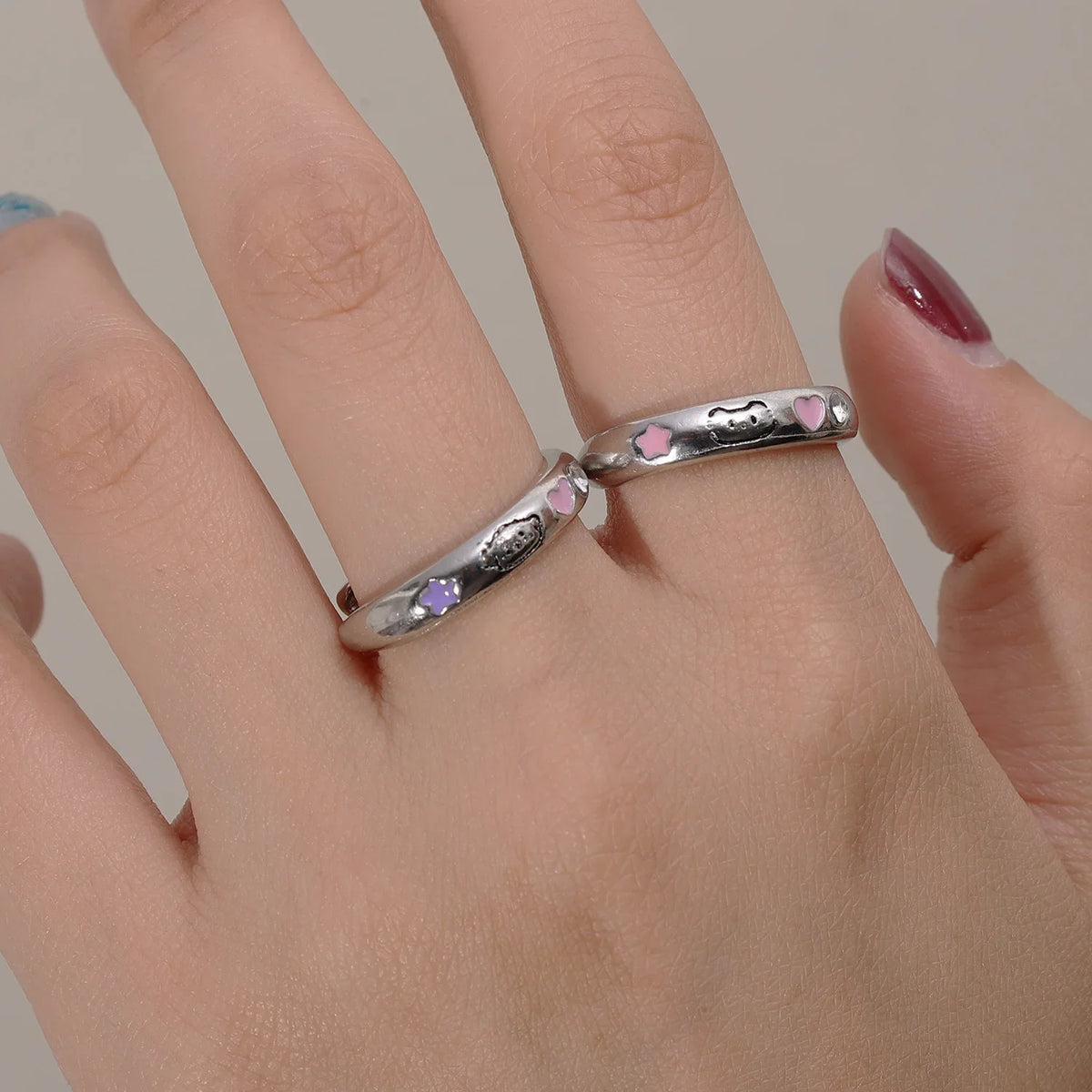 Cat & Dog Ring with Pink CZ Heart & Star - Buy a Set or Choose One, Made of Zink Alloy, Adjustable Size