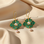 Vintage Gold-Plated Green Cloisonné Floral Drop Earrings with Faux Pearls