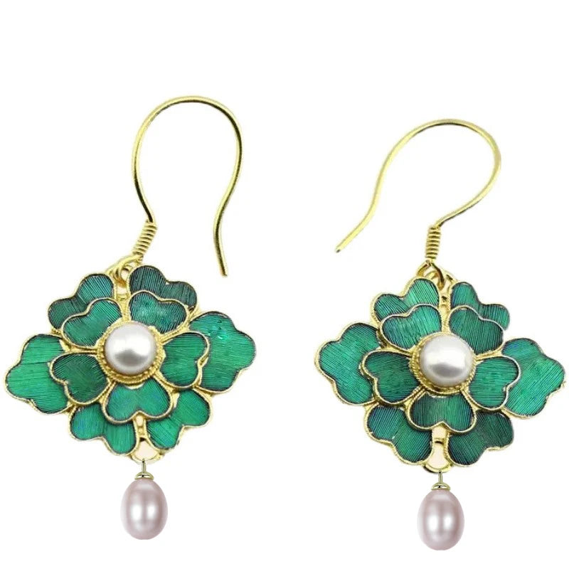 Vintage Gold-Plated Green Cloisonné Floral Drop Earrings with Faux Pearls