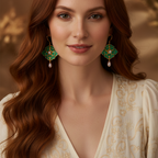 Vintage Gold-Plated Green Cloisonné Floral Drop Earrings with Faux Pearls