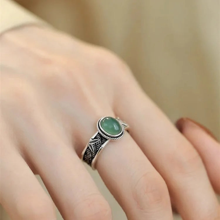 925 Sterling Silver Adjustable Green Cabochon Stone Ring